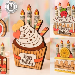 May include: A collection of five laser-cut wooden birthday cake designs. Each design features candles and the words "Happy Birthday" or "Happy Many Returns." The designs include a cupcake, a slice of cake with a strawberry, and a cake roll.