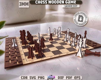 Può includere: Un set di scacchi in legno tagliato al laser con pezzi marroni e bianchi su una scacchiera. Il set include il testo "CHESS WOODEN GAME" e "DIGITAL DOWNLOAD". I pezzi sono spessi 3 mm.