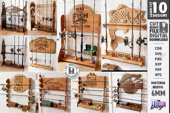 Fishing Rod Holder SVG Laser Cut - Father's Day Gift For Dad - Garage Organizer Rack - Fishing Decor - Man Cave svg