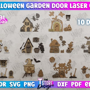 May include: Ten Halloween-themed laser cut designs for garden doors. The designs include a witch's cauldron, a haunted house, a spooky tree, and a mushroom house. The designs are available in CDR, SVG, PNG, DXF, PDF, and EPS formats.