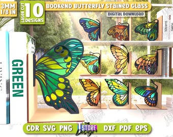 3D stained glass butterfly bookends laser bundle, kids bookend svg, butterfly book holder, monarch butterfly book stopper, wooden book stand