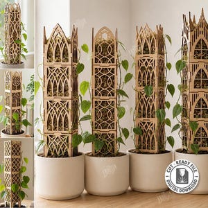 Archivo de corte láser para poste de musgo - Enrejado gótico para plantas - Soporte para plantas trepadoras - Poste de musgo Monstera svg