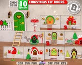 3d Christmas elf doors laser cut bundle, miniature Christmas elf house svg, elf garden door svg, layered wooden stand svg, kids shelf sitter