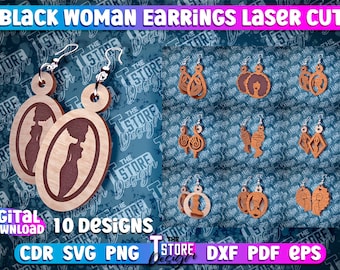 Pendientes de mujer negra, archivos cortados con láser para pendientes afro, SVG de chica negra, SVG de pendientes de chica afro, paquete SVG de pendientes africanos, Reina negra