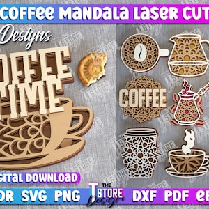 Könnte beinhalten: Ein Set mit 10 lasergeschnittenen Kaffeemandalas. Die Designs beinhalten eine Kaffeetasse, eine Kaffeekanne, Kaffeebohnen und die Worte "Coffee Time" und "Coffee Break".