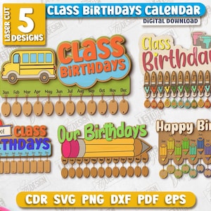 Bundle découpé au Laser de calendrier d'anniversaires de classe, calendrier mural, calendrier de célébrations scolaires SVG, tableau d'anniversaire de nom de classe, fichiers laser pour enfants