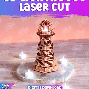 K&ouml;nnte beinhalten: Ein 3D-Laser-geschnittenes Holzmodell eines Leuchtturms mit einem gestreiften Design. Der Leuchtturm wird von einer kleinen Kerze beleuchtet und steht auf einer Holzbasis. Das Bild enth&auml;lt den Text "3D Lighthouse Laser Cut" und "3MM 1/8IN CDR SVG PNG STORE DXF PDF EPS".