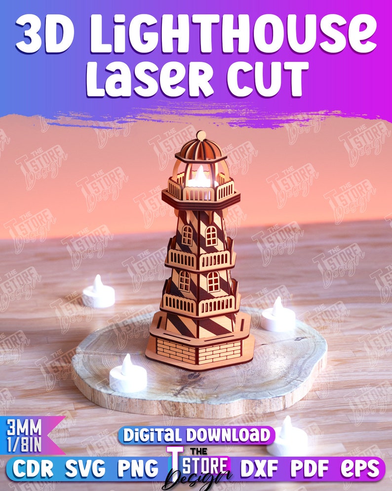 K&ouml;nnte beinhalten: Ein 3D-Laser-geschnittenes Holzmodell eines Leuchtturms mit einem gestreiften Design. Der Leuchtturm wird von einer kleinen Kerze beleuchtet und steht auf einer Holzbasis. Das Bild enth&auml;lt den Text "3D Lighthouse Laser Cut" und "3MM 1/8IN CDR SVG PNG STORE DXF PDF EPS".
