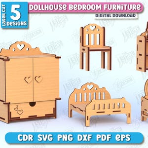 May include: Five laser cut dollhouse bedroom furniture designs. The designs include a wardrobe with a drawer, a bed, a chair, a vanity with a mirror, and a shelf. The designs are made of wood and are 3mm thick.