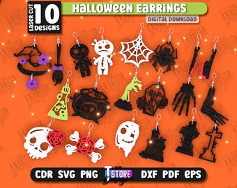 Halloween earrings laser cut bundle, witch earrings, magical dangle earrings, wooden spooky earrings laser, engraved scary Halloween jewelry