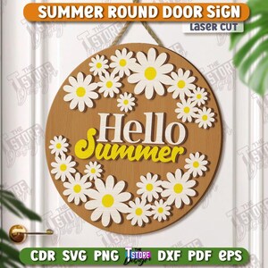 Summer Round Door Sign Laser Cut, Wooden Door Hanger SVG, Hello Summer Welcome Sign, Outdoor Layered Sign, Floral Front Door Hanger