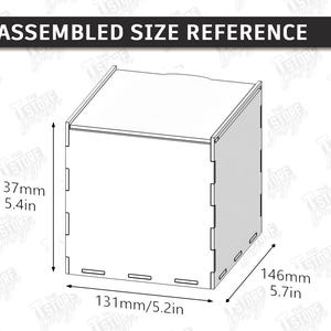 May include: A diagram of an assembled box with dimensions. The box is 5.4 inches high, 5.2 inches wide, and 5.7 inches deep. The text "ASSEMBLED SIZE REFERENCE" is at the top.