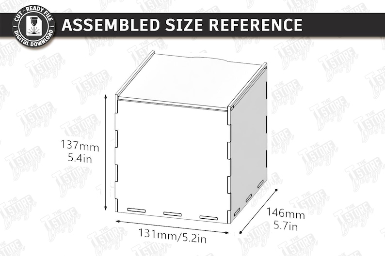 May include: A diagram of an assembled box with dimensions. The box is 5.4 inches high, 5.2 inches wide, and 5.7 inches deep. The text "ASSEMBLED SIZE REFERENCE" is at the top.