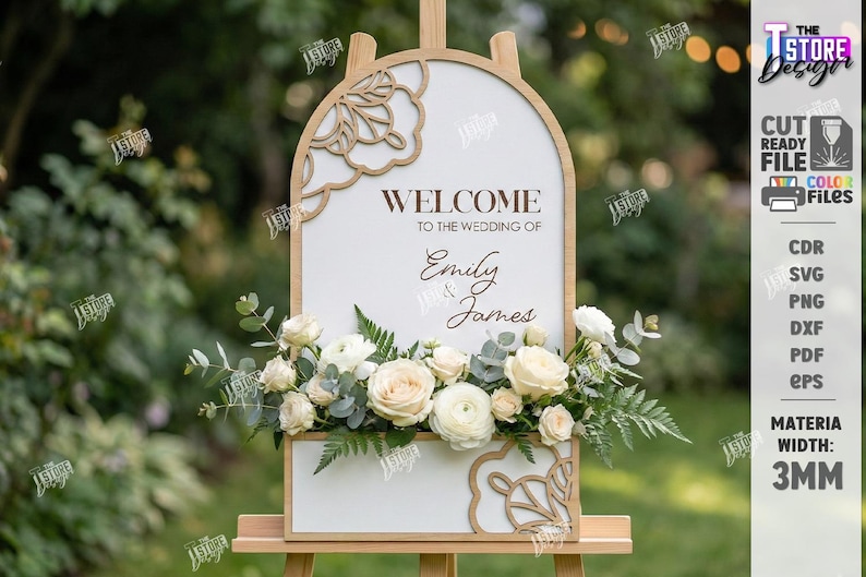 May include: A wooden wedding welcome sign with the text "WELCOME TO THE WEDDING OF Emily & James". The sign is decorated with floral arrangements and a decorative wooden frame. The sign is on an easel.