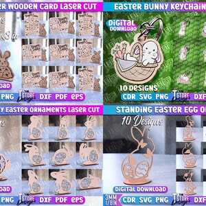 May include: A digital download of 10 laser cut designs for Easter decorations. The designs include a wooden card with the text "Happy Easter", a bunny keychain, a standing bunny ornament, and a standing egg ornament. The designs are available in CDR, SVG, PNG, DXF, PDF, and EPS formats.