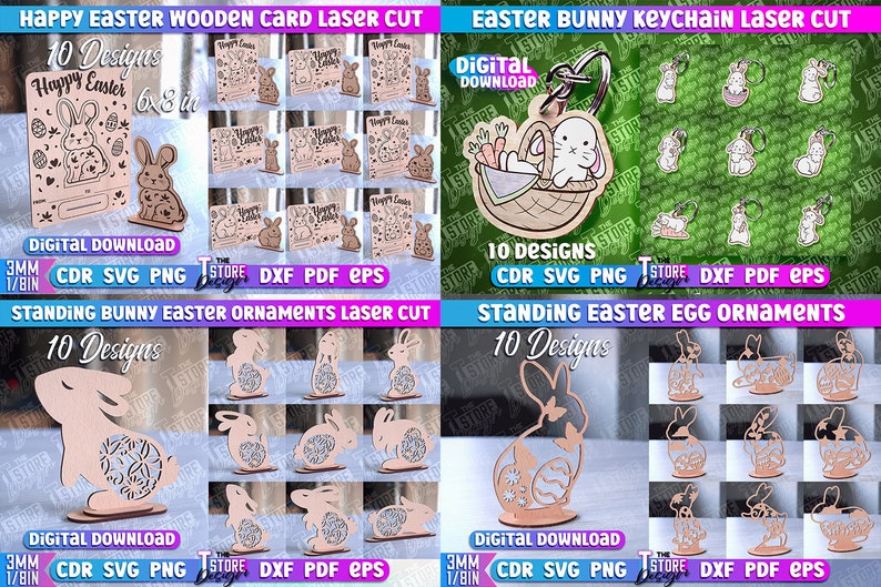 May include: A digital download of 10 laser cut designs for Easter decorations. The designs include a wooden card with the text "Happy Easter", a bunny keychain, a standing bunny ornament, and a standing egg ornament. The designs are available in CDR, SVG, PNG, DXF, PDF, and EPS formats.