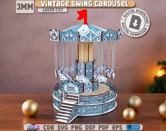Vintage Christmas swing carousel laser cut, spinning sled carousel, 3d Merry go round model, shelf sitter, Merry Christmas svg, digital file