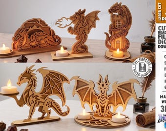Dragon Candle Holder SVG - Laser Cut Fantasy Tealight Holder - Dragon Decor - Wooden Candle Stand svg