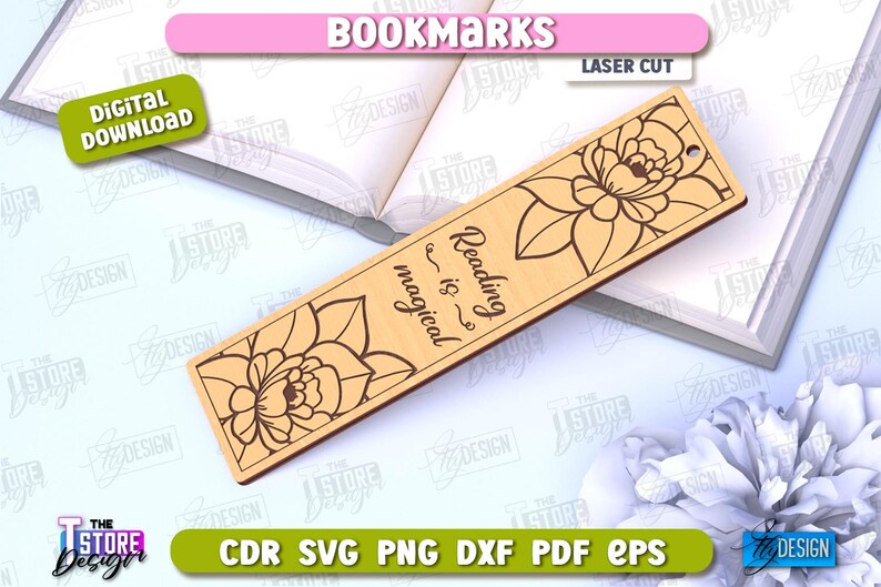 May include: A laser cut wooden bookmark with a floral design and the text "Reading is magical".