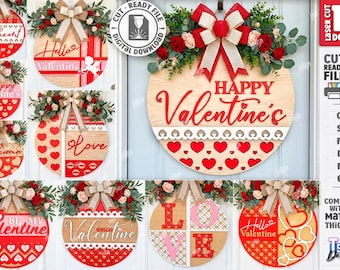 3d Valentine's day round door hanger laser cut bundle, Valentines day quotes svg, love sign laser cut, hanging sign, layered retro signs svg