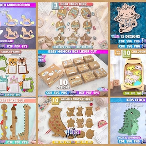 May include: A collection of laser-cut wooden designs, including rocking horses, light switch frames, baby milestones, memory boxes, reward jars, height charts, animal cross-stitch patterns, and clocks. Each design is available as a digital download.