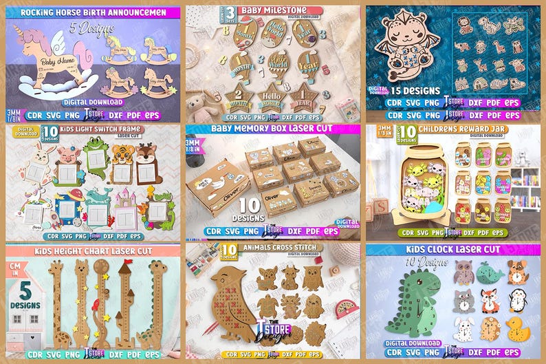 May include: A collection of laser-cut wooden designs, including rocking horses, light switch frames, baby milestones, memory boxes, reward jars, height charts, animal cross-stitch patterns, and clocks. Each design is available as a digital download.