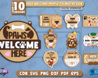 Dogs Welcome People Tolerated Signs Lasercut, Funny Dog Door Hanger Laser Cut Bundle, Pet Lover Decor, Welcome Round Signs Laser cut