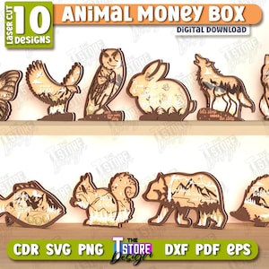 Animal Money Boxes Laser Cut Bundle, 3D Animal Piggy Bank SVG, Money Holders, Saving Box, Cash Box, Personalized Money Box, Gift for Kids