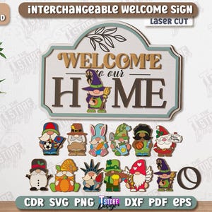 Peut inclure: Un panneau de bienvenue interchangeable avec le texte "WELCOME to our HOME". Comprend diverses découpes sur le thème des gnomes pour un affichage saisonnier ou de vacances. Le panneau est découpé au laser et comprend le texte "DIGITAL DOWNLOAD".