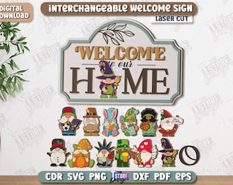 Letrero de bienvenida intercambiable 3D cortado con láser, letrero de puerta de madera de temporada SVG, colgador de puerta de casa SVG, letrero de puerta de entrada, decoración del hogar de gnomos