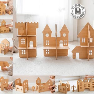 Puede incluir: Bloques de construcción de juguete de madera en varios diseños de casas y castillos. Los bloques son de madera clara y presentan ventanas y puertas recortadas. La imagen también incluye el texto "CUT READY FILE DIGITAL DOWNLOAD".