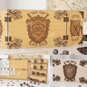 May include: A light-colored wooden dungeon master screen featuring laser-engraved shield and sword motifs, a central 20-sided die emblem, and decorative corner filigree. The screen includes interior shelves for miniatures, clips for papers, and a 3mm material width.