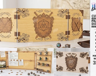 May include: A light-colored wooden dungeon master screen featuring laser-engraved shield and sword motifs, a central 20-sided die emblem, and decorative corner filigree. The screen includes interior shelves for miniatures, clips for papers, and a 3mm material width.
