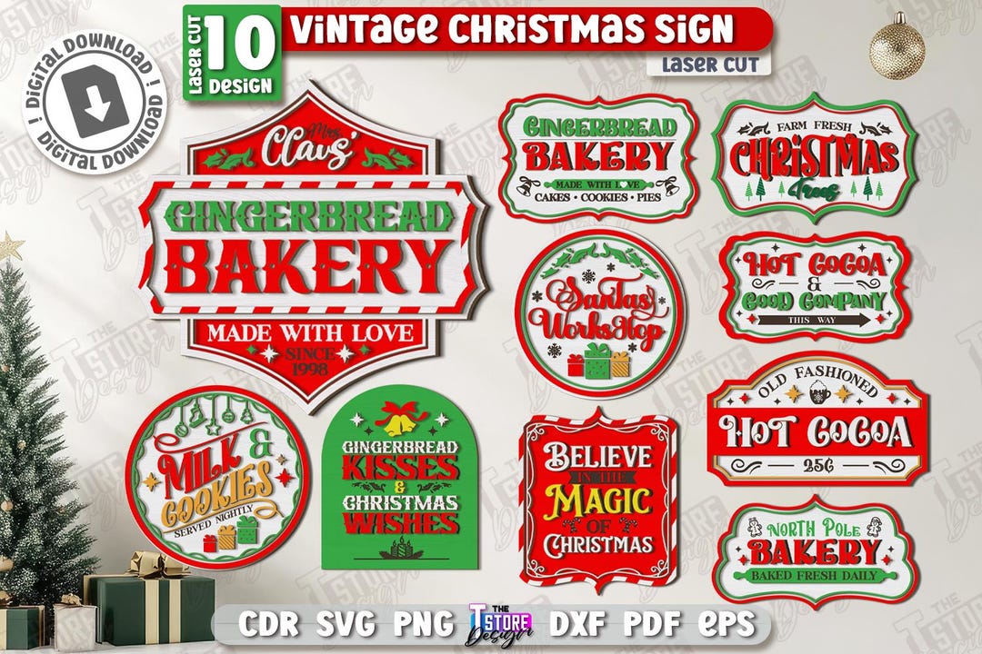 3d Christmas Wooden Retro Signs Laser Cut Bundle, Xmas Wall Decor