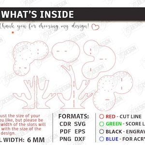 May include: A digital design file with cut-ready elements for crafting. The image includes outlines of tree-like shapes and cloud-like forms, along with text indicating cut lines, score lines, and engraving options. The material width is 6 mm.