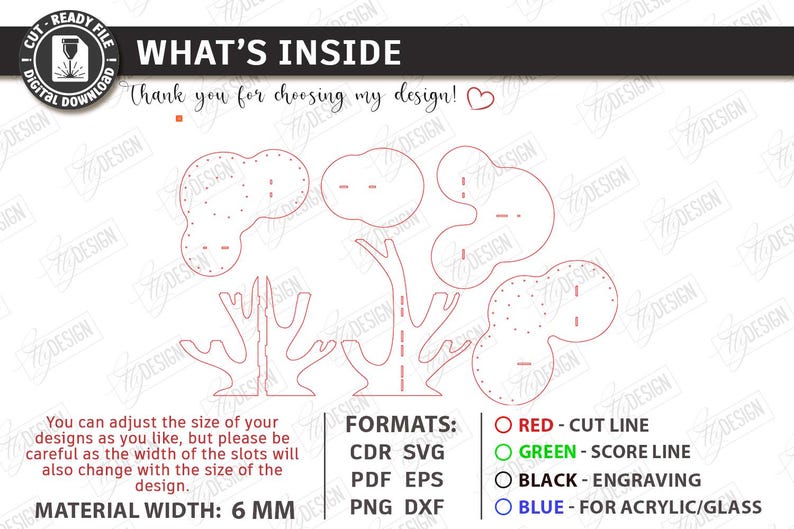 May include: A digital design file with cut-ready elements for crafting. The image includes outlines of tree-like shapes and cloud-like forms, along with text indicating cut lines, score lines, and engraving options. The material width is 6 mm.