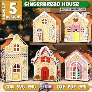 3d Christmas gingerbread houses laser cut bundle, Christmas village svg, Christmas house, Christmas candy holder laser cut, Xmas house model