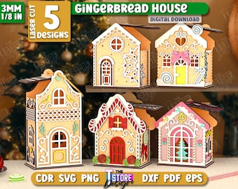 3d Christmas gingerbread houses laser cut bundle, Christmas village svg, Christmas house, Christmas candy holder laser cut, Xmas house model