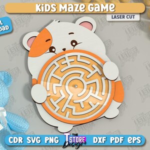 May include: A laser-cut wooden kids' maze game in the shape of a hamster, holding a circular maze. The hamster is white with orange accents. The game is labeled "Kids Maze Game" and "Digital Download". A blue teddy bear is in the background.