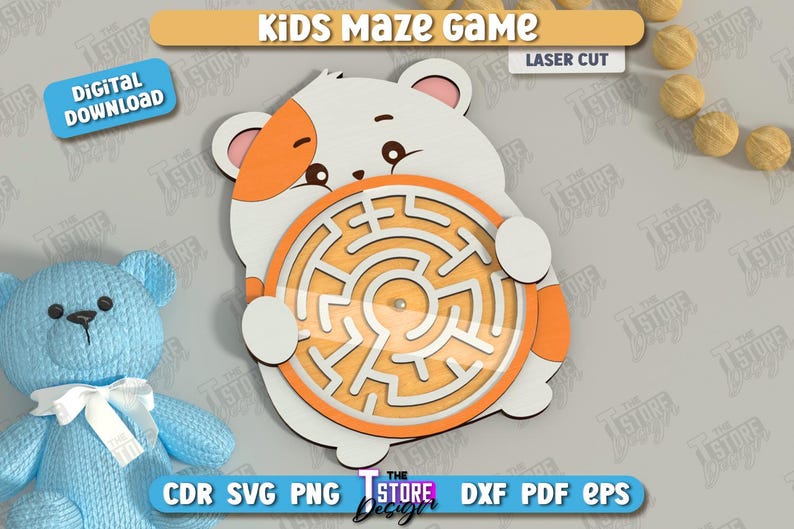 May include: A laser-cut wooden kids' maze game in the shape of a hamster, holding a circular maze. The hamster is white with orange accents. The game is labeled "Kids Maze Game" and "Digital Download". A blue teddy bear is in the background.
