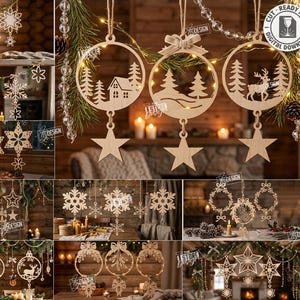 Op de afbeelding: Een collectie van tien lasergesneden houten hangende ornamenten met ingewikkelde ontwerpen zoals sneeuwvlokken, rendieren, huizen en sterren. Deze digitale bestanden zijn beschikbaar in formaten zoals CDR, SVG, PNG, DXF, PDF en EPS voor diverse materialen.