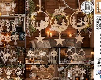 Christmas Ornament SVG - Laser Cut Wooden Garland - Hanging Decor  - Snowflake Star Winter Window Decorations - Holiday Decor svg