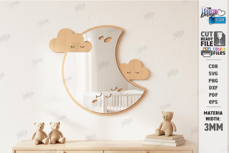 May include: A wooden moon-shaped mirror with two cloud accents. The mirror has a light wood frame and features a sleeping face design. Two teddy bears sit on a wooden surface below the mirror. The image also includes text that says "CUT READY FILE".