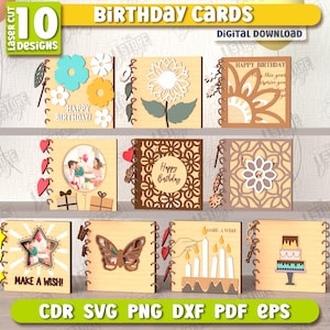 Pacote de cartões de aniversário dobráveis de madeira cortados a laser, cartão de felicitações, cartão com moldura de foto personalizado, citações de feliz aniversário, designs dobráveis de aniversário 3D