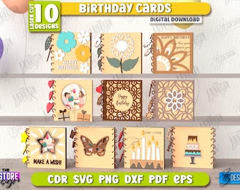 Wooden birthday folding cards laser cut bundle, greeting card, custom photo frame card, happy birthday quotes, 3d birthday folding designs