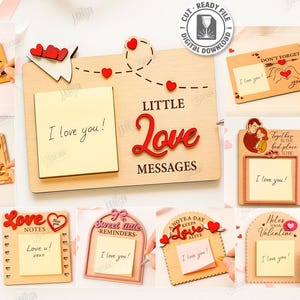 May include: A set of 10 laser-cut wooden designs with a love theme. Each design includes space for a note saying "I love you!" and decorative elements such as hearts and text, all in wood.