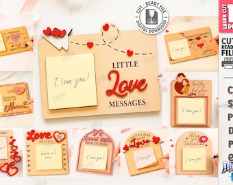 3d romantic sticky note holder laser cut bundle, mini love message holder, love sticky note holders, wooden note pad, Valentines quotes svg