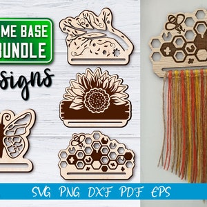 May include: A collection of laser-cut wooden macrame base SVG designs. The designs include a butterfly, a sunflower, a honeycomb with a bee, and a design with leaves. The image also includes the text "MACRAME BASE SVG BUNDLE 4 designs".