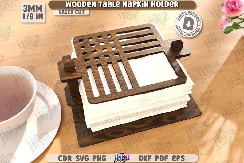 May include: Wooden table napkin holder, laser cut from 3mm (1/8 in) thick wood. The dark brown holder has a rectangular base and a slotted top, designed to hold a stack of white napkins. The image also includes the text "Wooden Table Napkin Holder".