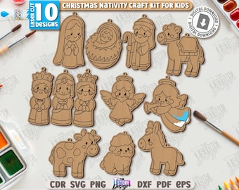 3D Weihnachtskrippe Bastelset für Kinder Laser Cut Bundle, Weihnachtskrippenfiguren Laser geschnitten, Weihnachtsbaum Dekor svg, Kinder Ornamente svg